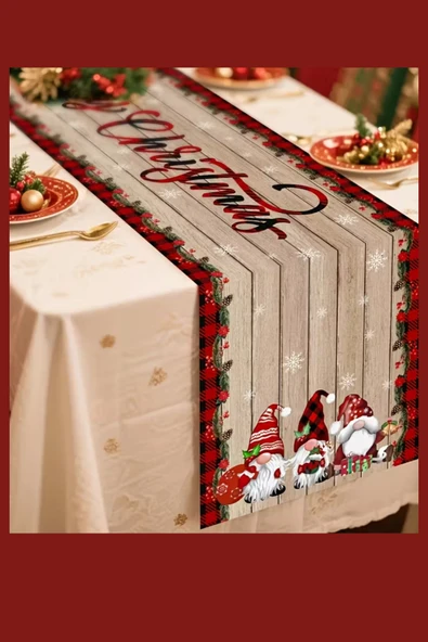 Noel Masa Örtüsü 35x180 cm | Kırmızı Yeşil Cüce ve Kar Taneli Desen | Dayanıklı Polyester Yılbaşı Masa Dekoru - Resim 3