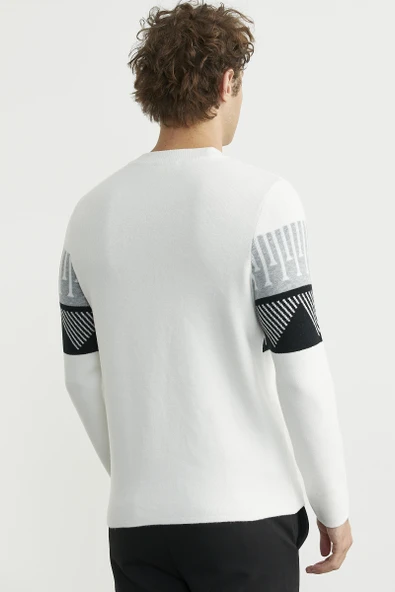 Çift Renk Motifli Triko Kazak - Kemik - Resim 6