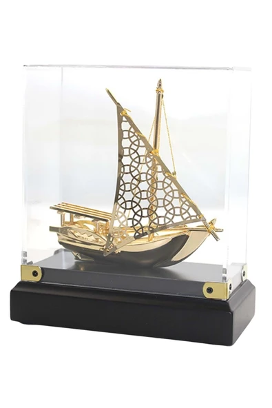 Pirinç Yelkenli Gemi Altın Kaplama Katar Dhow Teknesi Kutulu No.3 - Resim 6