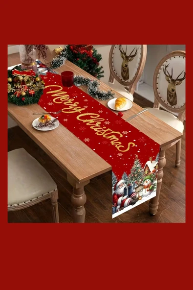 Ekstra Uzun Noel Masa Örtüsü | Bordo / Altın / Yeşil / Gri / Kahverengi Seçenekli Polyester Yılbaşı Sofra Dekoru (1 Adet) - Resim 3