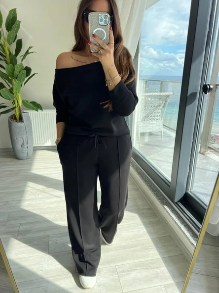 MDB Kadın Uzun Kollu Tek Omuzdan Açık Modal Bluz Ve Pantolon Ikili Takım - Resim 5