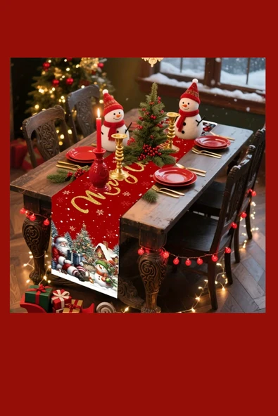 Ekstra Uzun Noel Masa Örtüsü | Bordo / Altın / Yeşil / Gri / Kahverengi Seçenekli Polyester Yılbaşı Sofra Dekoru (1 Adet) - Resim 4