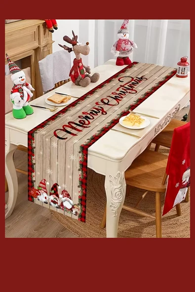 Noel Masa Örtüsü 35x180 cm | Kırmızı Yeşil Cüce ve Kar Taneli Desen | Dayanıklı Polyester Yılbaşı Masa Dekoru ürün görseli