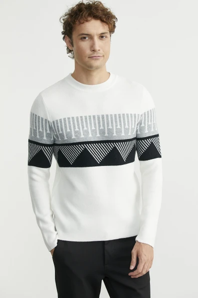 Çift Renk Motifli Triko Kazak - Kemik - Resim 3