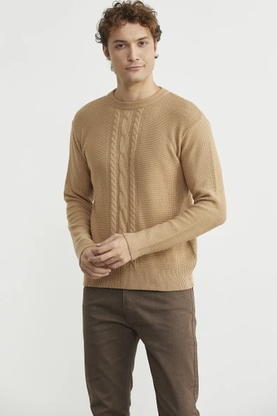 Motif Detaylı Bisiklet Yaka Triko Kazak - Kamel - Resim 2