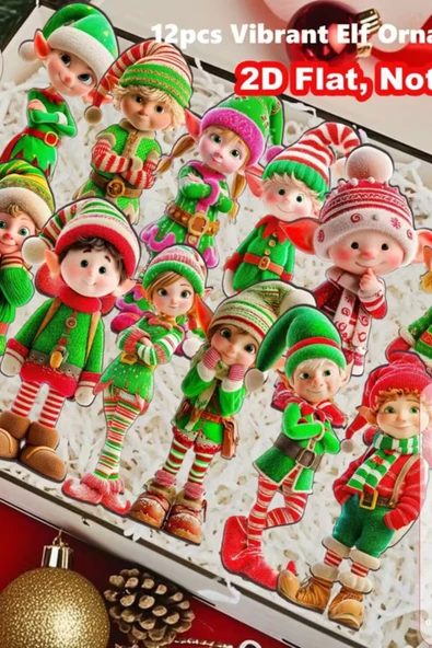12'li Ahşap Elf Noel Ağacı Süs Seti | 2D Düz Baskı Renkli Asma Dekorları / Ev & Parti Dekoru - Resim 4