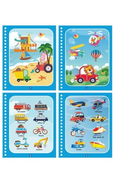 TAŞITLARLA ÇOCUKLAR Magic Book Eğitici İngilizce Sihirli Boyama Kitabı Su Kalemi Water Painting Mavi - Resim 2