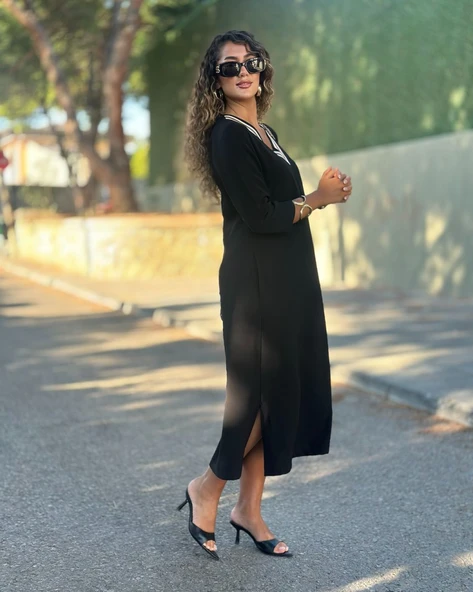 Lucky Life Kadın Uzun Kollu V şerit Yakalı Viskon Iki Iplik Elbise - Resim 5