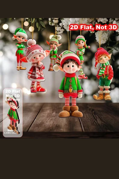 12'li Ahşap Elf Noel Ağacı Süs Seti | 2D Düz Baskı Renkli Asma Dekorları / Ev & Parti Dekoru - Resim 7