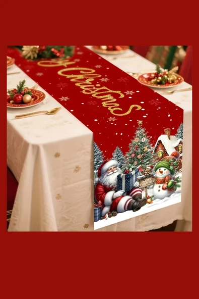 Ekstra Uzun Noel Masa Örtüsü | Bordo / Altın / Yeşil / Gri / Kahverengi Seçenekli Polyester Yılbaşı Sofra Dekoru (1 Adet) - Resim 6