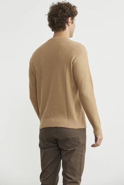 Motif Detaylı Bisiklet Yaka Triko Kazak - Kamel - Resim 5