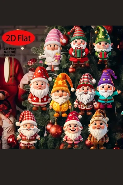 10'lu Ahşap Noel Cüce Süs Seti | 2D Düz Baskı Renkli Asma Dekorları / Ev & Parti & Hediye Etiketi - Resim 3