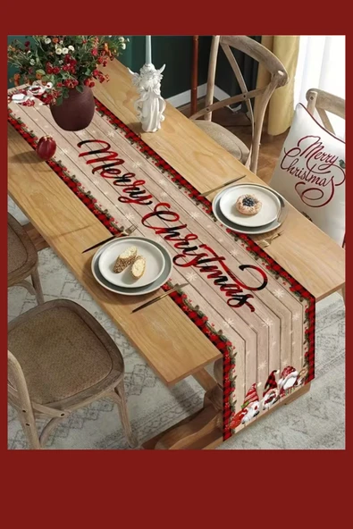 Noel Masa Örtüsü 35x180 cm | Kırmızı Yeşil Cüce ve Kar Taneli Desen | Dayanıklı Polyester Yılbaşı Masa Dekoru - Resim 5