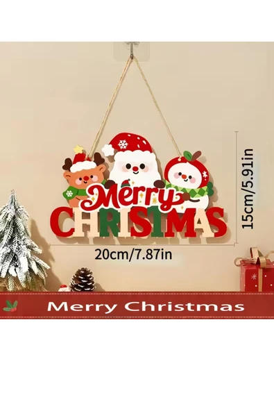 Noel Baba ve Mutlu Olsunlar Tabelalı Ahşap Kapı Süsü | 20x15 cm 2D Düz Noel Dekoru (1 Adet) - Resim 2