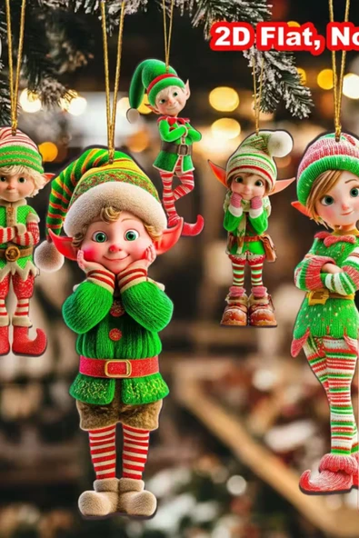 12'li Ahşap Elf Noel Ağacı Süs Seti | 2D Düz Baskı Renkli Asma Dekorları / Ev & Parti Dekoru - Resim 5