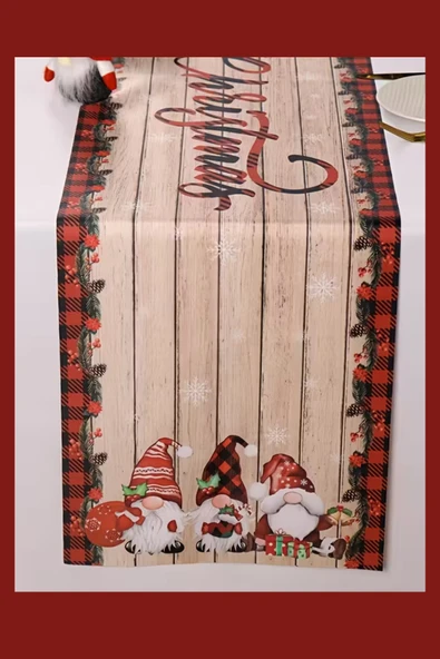 Noel Masa Örtüsü 35x180 cm | Kırmızı Yeşil Cüce ve Kar Taneli Desen | Dayanıklı Polyester Yılbaşı Masa Dekoru - Resim 4