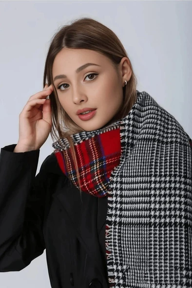 Kadın Çift Taraflı Ekose Desenli Kırmızı Şal - Resim 3