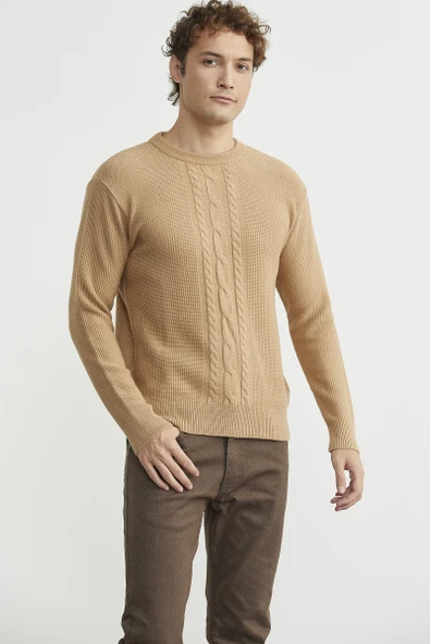 Motif Detaylı Bisiklet Yaka Triko Kazak - Kamel ürün görseli