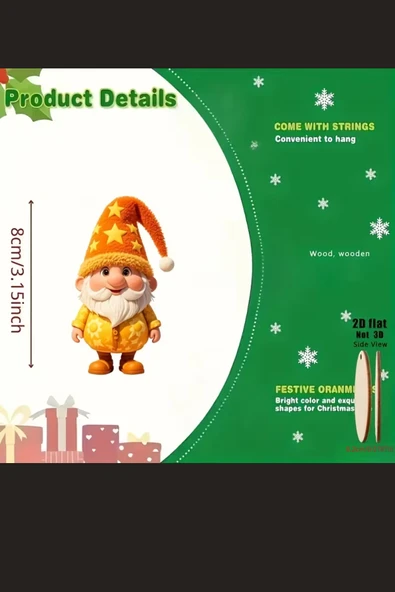 10'lu Ahşap Noel Cüce Süs Seti | 2D Düz Baskı Renkli Asma Dekorları / Ev & Parti & Hediye Etiketi - Resim 6