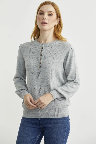 Yarım Düğmeli Yuvarlak Yaka Triko Kazak - Açık Gri - Resim 4