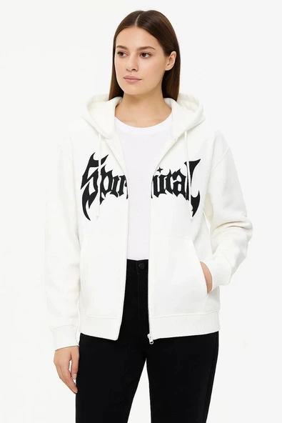 Kadın Oversize Kapüşonlu Sweatshirt Hoodie 3 İplik Şardonlu Pamuklu Kumaş, Önü Baskılı, Fermuarlı Rahat Kalıp, Kışlık ve - Resim 3