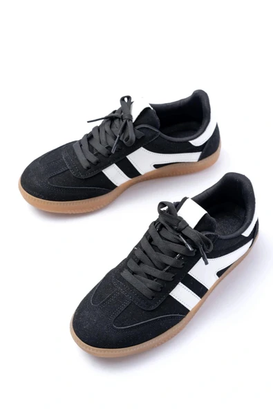 M-1004 Siyah Süet Bağcıklı Termo Taban Günlük Kadın Spor - Resim 4