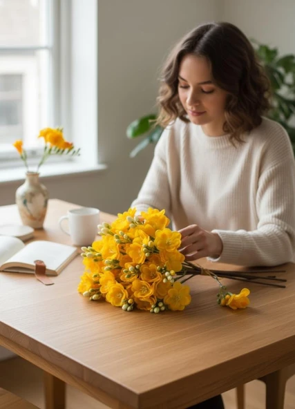 Yapay Çiçek Sarı Yasemin Çiçeği Demeti 4 Dallı Buket 40*20cm - Resim 5