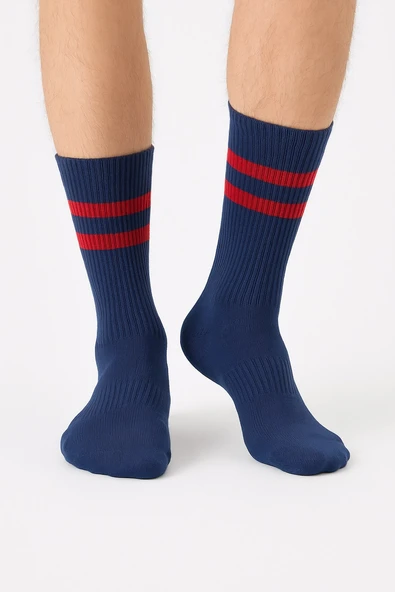 Erkek Lacivert Soket Çorap 2’li Set – Çizgili Pamuklu Spor ve Günlük Kullanım – Plus Scorpion - Resim 2