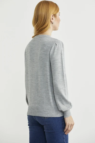 Yarım Düğmeli Yuvarlak Yaka Triko Kazak - Açık Gri - Resim 5