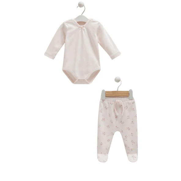 Caramell %100 Pamuk Cherry Baby Body Pantolon Seti 56-62 cm 1-3 Ay Pembe CRML.PMB.BPK1286 - Resim 2