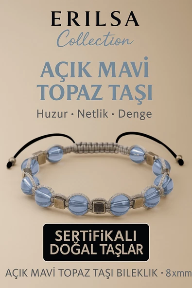 Sertifikalı Açık Mavi Topaz Doğal Taş Bileklik - 8x8 mm Netlik Huzur Güven Enerji Taşı ürün görseli