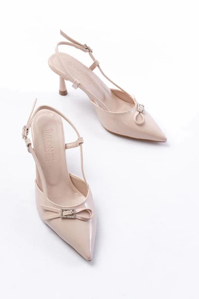 İNF-2300 Bej Rugan Günlük Arkası Açık Fiyonklu Topuklu Bayan Ayakkabı - Resim 3