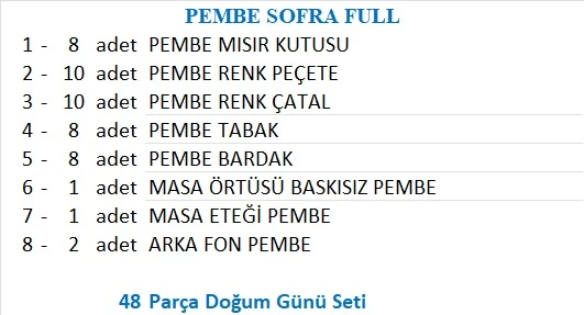 Pembe Masa Örtüsü, Pembe Masa Eteği, 2 Pembe Fon, 8 Pembe Tabak, 8 Pembe Bardak, 8 Pembe Mısır Kutusu, 10 Pembe Çatal, 10 Pembe Peçete - Resim 2