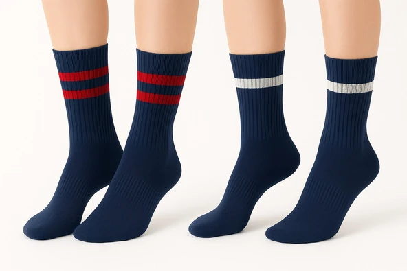 Kadın Lacivert Soket Çorap 2’li Set – Çizgili Pamuklu Spor ve Günlük Kullanım – Plus Scorpion ürün görseli