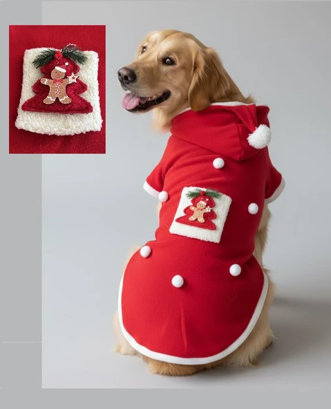 RED Tree Kırmızı Yılbaşı Köpek Kıyafeti | Noel Baba Kapüşonlu Polar Sweatshirt | Orta ve Büyük Irklar İçin ürün görseli