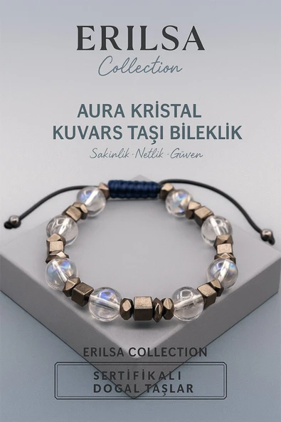 Sertifikalı Aura Kristal Kuvars Doğal Taş Bileklik 8x8 mm Sakinlik Netlik ve Güven Enerjisi Taşı ürün görseli 1