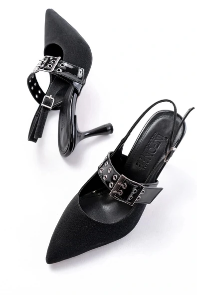 İNF-260 Siyah Simli Günlük Arkası Açık Baret Tokalı Topuklu Bayan Ayakkabı - Resim 3