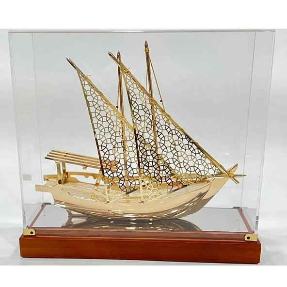 Pirinç Yelkenli Gemi Altın Kaplama Katar Dhow Teknesi Kutulu 29cm No.1 ürün görseli