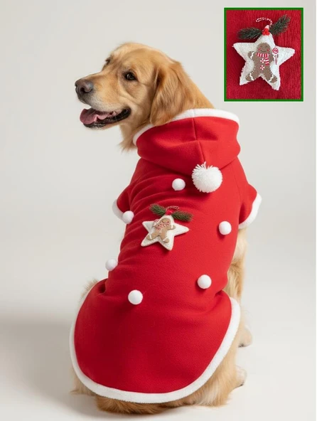 White Star Kırmızı Yılbaşı Köpek Kıyafeti | Noel Baba Kapüşonlu Polar Sweatshirt | Orta ve Büyük Irklar İçin ürün görseli