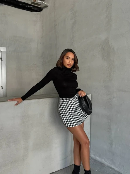 BİÇOMİ Kapaklı kaşe şort etek siyah beyaz kazayağı h261218 - Resim 2