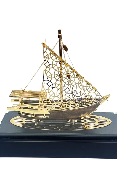 Pirinç Yelkenli Gemi Altın Kaplama Katar Dhow Teknesi Deri Kutulu 23cm No.2 - Resim 7