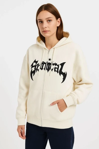 Kadın Oversize Kapüşonlu Sweatshirt Hoodie 3 İplik Şardonlu Pamuklu Kumaş, Önü Baskılı, Fermuarlı Rahat Kalıp, Kışlık ve - Resim 5