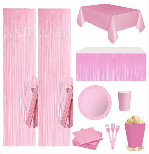Pembe Masa Örtüsü, Pembe Masa Eteği, 2 Pembe Fon, 8 Pembe Tabak, 8 Pembe Bardak, 8 Pembe Mısır Kutusu, 10 Pembe Çatal, 10 Pembe Peçete ürün görseli 1