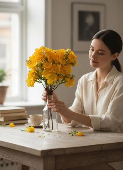 Yapay Çiçek Sarı Yasemin Çiçeği Demeti 4 Dallı Buket 40*20cm - Resim 8