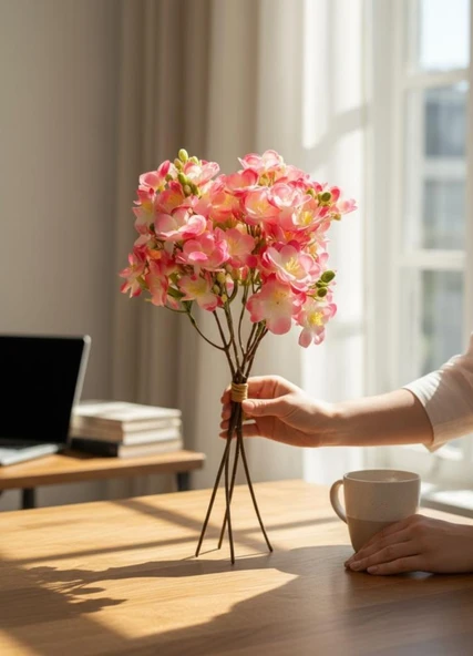 Yapay Çiçek Pembe Yasemin Çiçeği Demeti 4 Dallı Buket 40*20cm - Resim 4