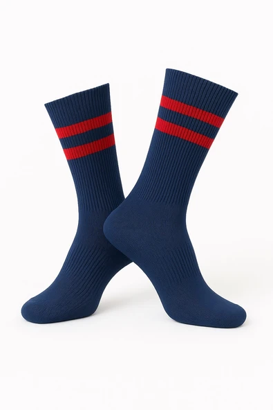 Erkek Lacivert Soket Çorap 2’li Set – Çizgili Pamuklu Spor ve Günlük Kullanım – Plus Scorpion - Resim 4