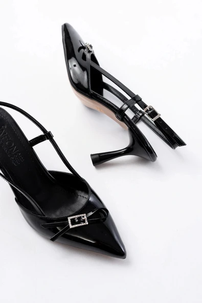 İNF-2300 Siyah Rugan Günlük Arkası Açık Fiyonklu Topuklu Bayan Ayakkabı - Resim 4