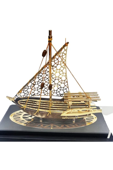 Pirinç Yelkenli Gemi Altın Kaplama Katar Dhow Teknesi Deri Kutulu 23cm No.2 - Resim 8