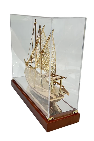 Pirinç Yelkenli Gemi Altın Kaplama Katar Dhow Teknesi Kutulu 29cm No.1 - Resim 9