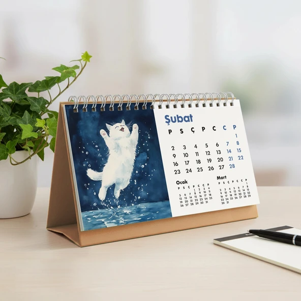 2026 Kedili Masa Takvimi | Üç Aylık Takvim - Önceki Ay Sonraki Ay | Kedi Severlere Hediye - Resim 2